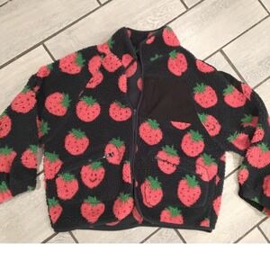 Strawberry Print Sherpa Fleece Jacket Full Zip Mock Neck Navy NJ90304